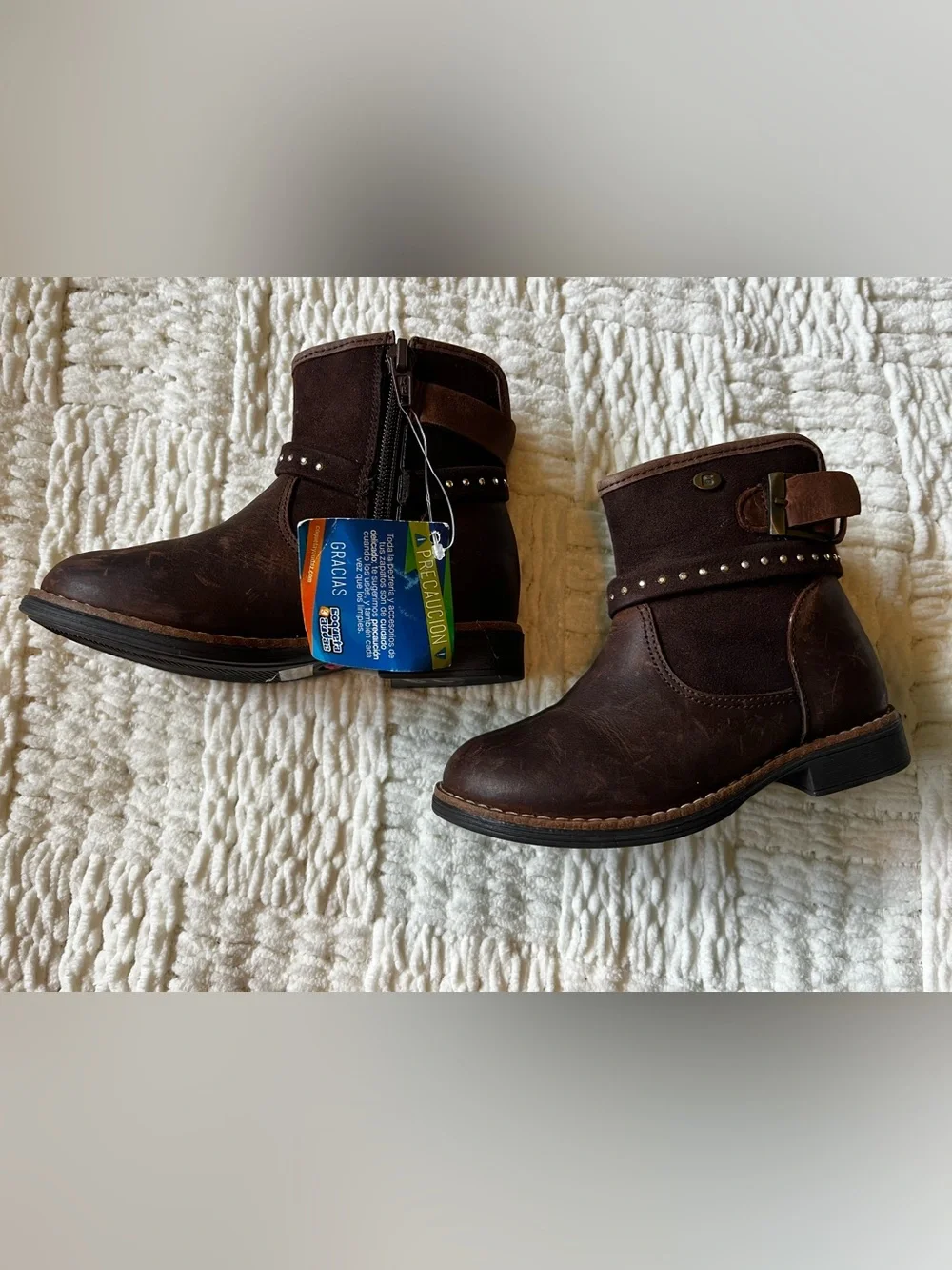 Children's Dark Brown Studded Ankle Boots with Buckle Accent